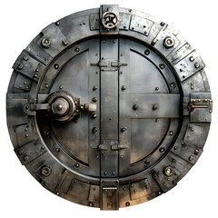 Naklejka premium A close-up view of a large, round, metallic vault door with intricate details and a robust design, symbolizing security and protection.