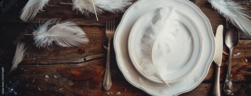 Aufkleber elegant white dinnerware setting with feathers on rustic wooden table