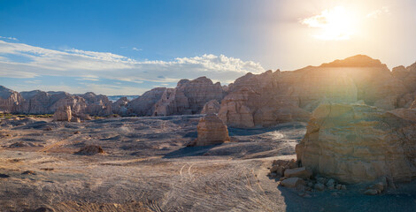 Spectacular Yardang landform mountain scenery in desert. Famous Dahaidao no man's land natural...