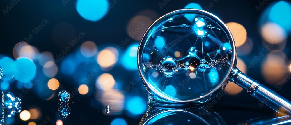 Poster a close-up of a magnifying glass reflecting blue light and abstract patterns, symbolizing exploratio