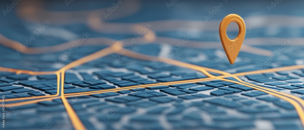 Poster a close-up view of a map with a golden location pin highlighting a specific area, showcasing urban p