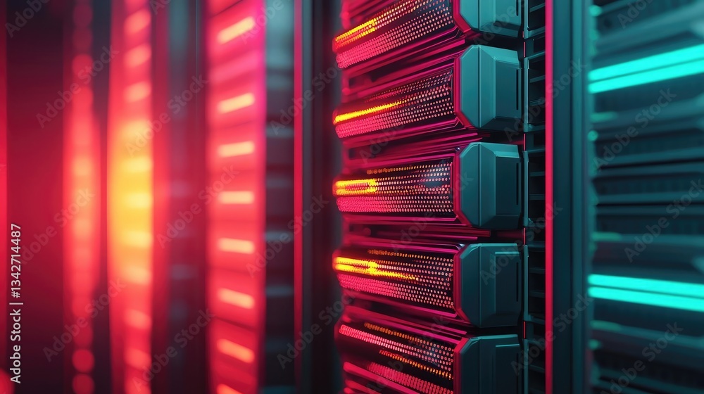 Poster cybersecurity cyberspace protection and network security concept. close-up of colorful server racks 