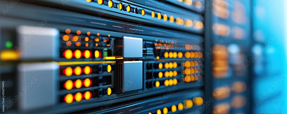Poster cybersecurity cyberspace protection and network security concept. close-up of modern data center ser