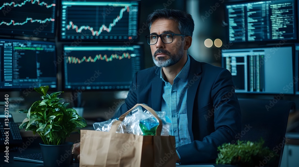 Aufkleber financial analyst reviewing multiple charts and data on screens in a home office setting with a groc