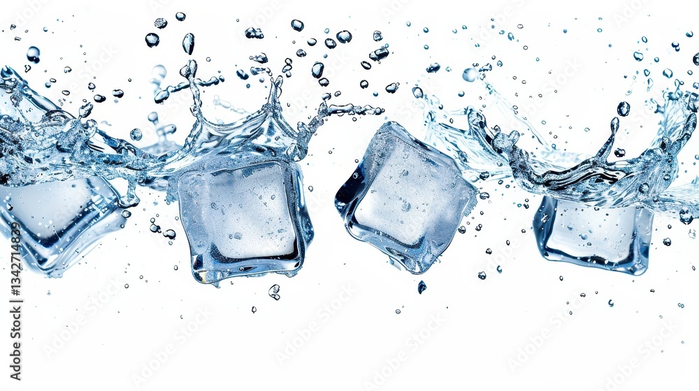 Poster ice cubes splashing in water: a cool and refreshing background