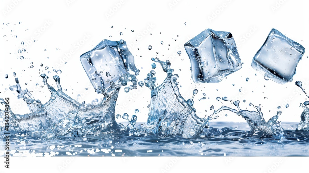 Poster ice cubes splashing in water against white background