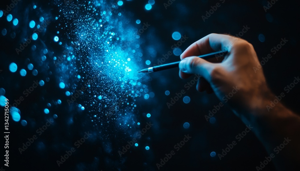 Poster a hand reaches towards a shimmering blue light, creating a magical, ethereal effect with particles i