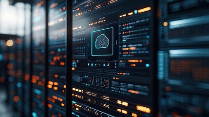Naklejka premium Cloud technology database backup and hybrid computing concept. Futuristic data center with illuminated servers and cloud computing interface.