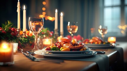 A beautifully decorated Christmas dinner table setting features a roasted chicken dinner with wine glasses and burning candles creating a warm inviting festive atmosphere perfect