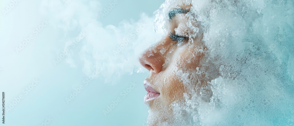 Poster a close-up profile of a person with bubbles and steam, creating an ethereal and serene atmosphere, e