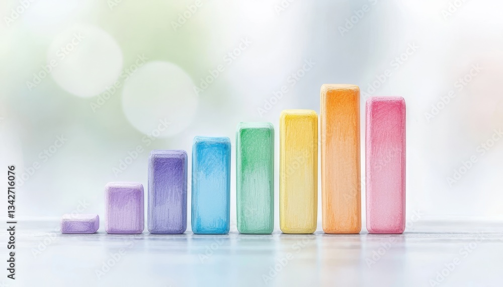 Poster a colorful, ascending bar chart made of blocks, representing growth or progression in a visually app
