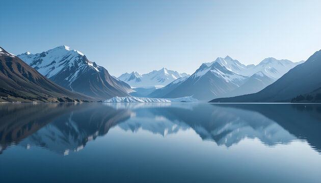 Serene mountain lake landscape with snow capped peaks and reflections on calm water surface view scenery nature