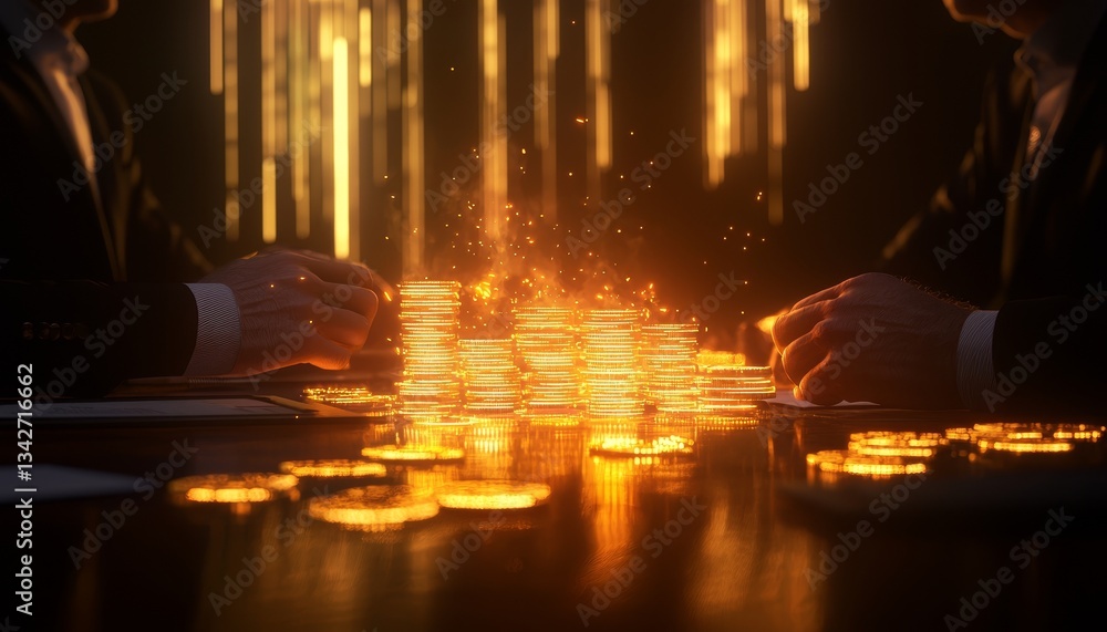 Poster two hands are seen over shining coins, emphasizing wealth and investment, with a dramatic backdrop o