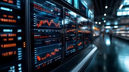 Naklejka premium Photograph showcasing a digital exchange board placed inside a spacious hypermarket environment displaying real time commodity price fluctuations and financial data