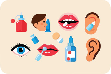 Set of female face icons related to healthcare, medicine, and beauty including doctor, nurse, hospital, pharmacy, and medical care symbols