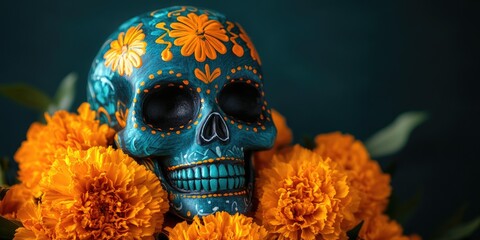  Decorated sugar skull with marigold flowers, symbolizing Dia de los Muertos. Ideal for cultural blogs, holiday websites, and articles on Mexican traditions and celebrations