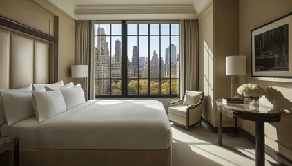 Luxurious city bedroom with panoramic view