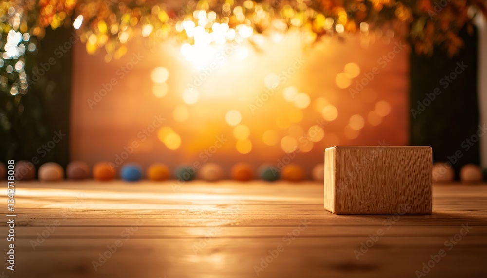 Poster a wooden block sits on a table, illuminated by warm light and surrounded by colorful spheres, creati