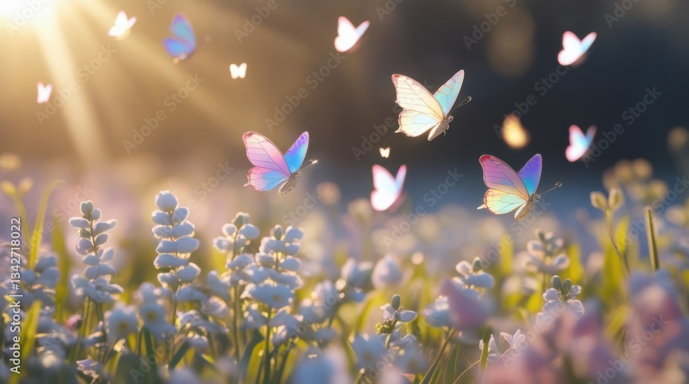 Poster a gentle springtime scene where elegant butterflies with iridescent pastel wings flutter above a fie