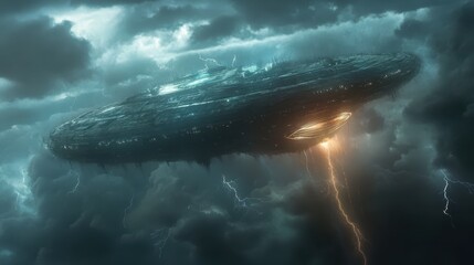 Fototapeta premium A large space ship is flying through a stormy sky