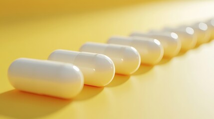 A row of pristine white medical capsules, their smooth surfaces reflecting the soft light, sat poised on a vibrant yellow background, symbolizing purity and efficacy against the backdrop of