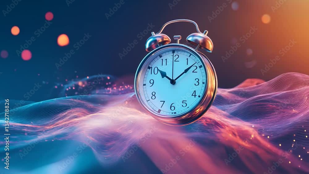 Poster elegant alarm clock surrounded by vibrant colorful lights in a dynamic background representing time 