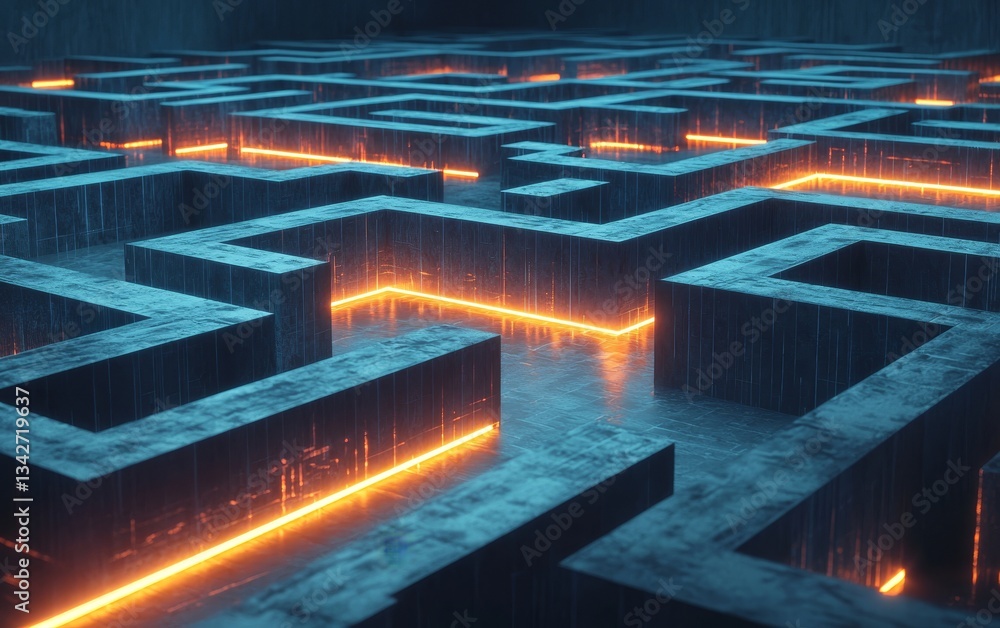Poster a futuristic maze with glowing orange paths, set against a dark background, creating a mysterious an
