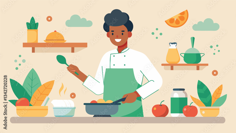 Poster a person taking a cooking class learning new healthy recipes and finding joy in creating a delicious