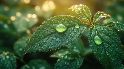 Golden Hour Dewdrops on Lush Green Leaves