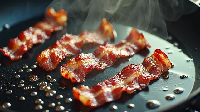 Crispy bacon sizzling in a frying pan at morning breakfast in a home kitchen scene