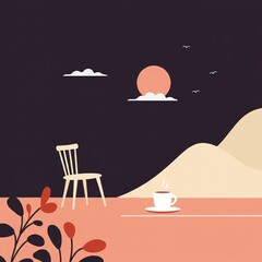 Minimalist Illustration of Tranquil Coffee Scene at Sunset with Chair, Perfect for Relaxation and Inspiration.