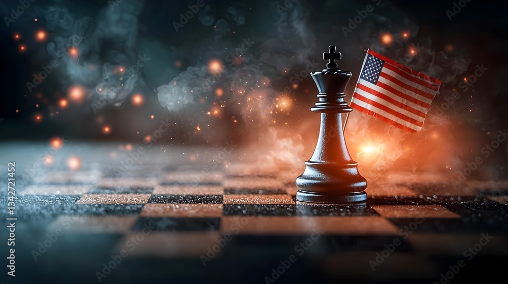 Poster two chess pieces one with the us flag and the other with the chinese flag placed on a world map