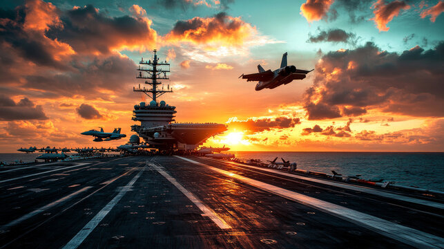 Fighter jet landing on aircraft carrier at sunset