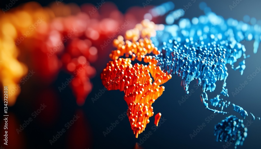Poster a colorful 3d representation of a world map, featuring clusters of small figures in orange and blue,
