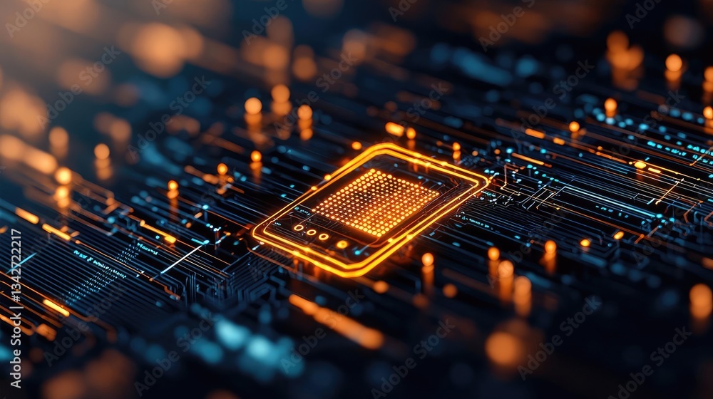 Poster cybersecurity network security and data protection concept. close-up of a glowing computer chip on a
