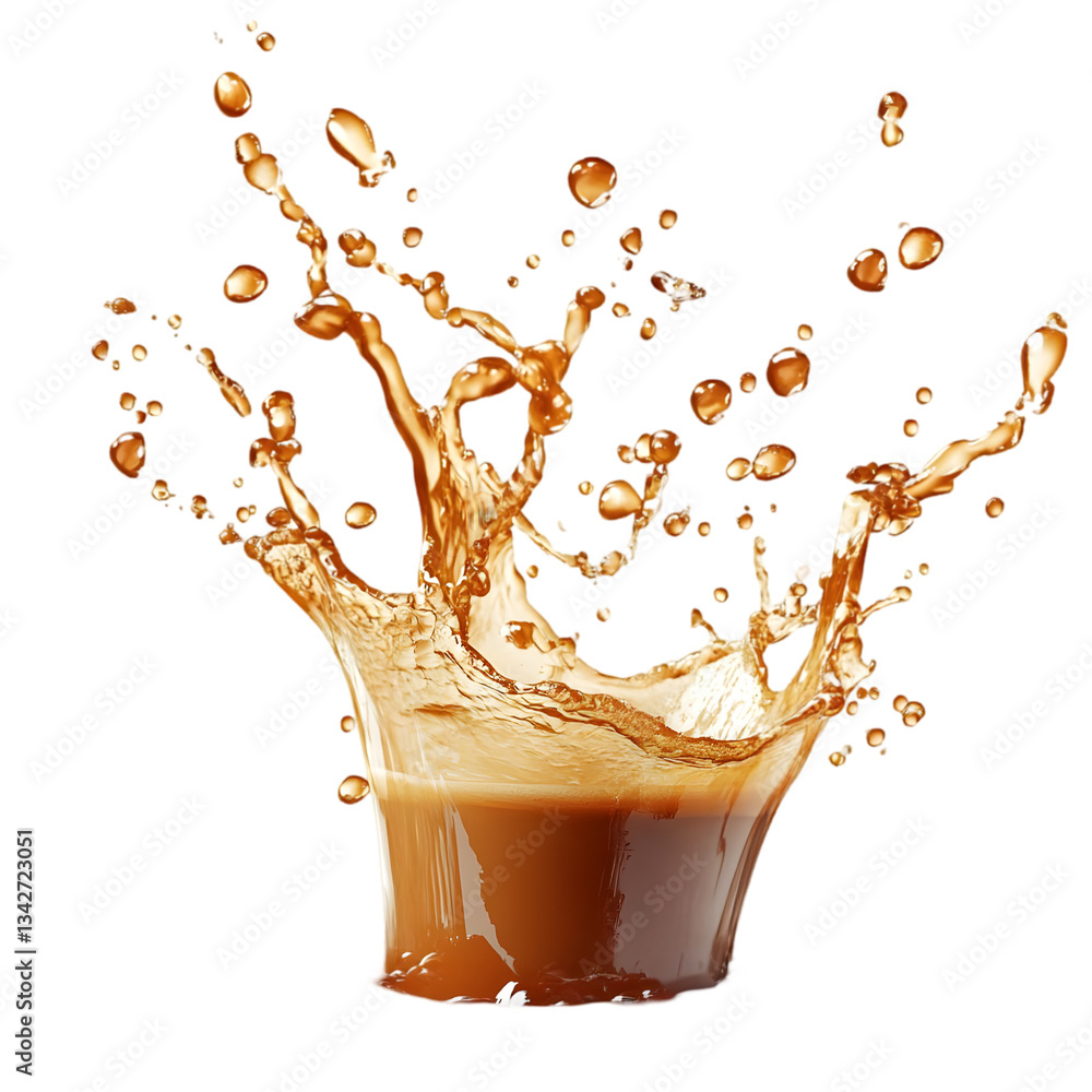 Poster dynamic splash of coffee surrounded by droplets, showcasing energy and refreshment in a vibrant and 