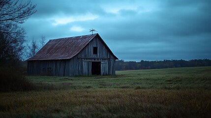 Rustic Barn Standing Silently in a Grassy Field Under Overcast Sky