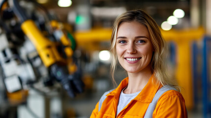 Smiling female engineer posing in a factory with industrial robotic arm in background
