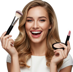 Beautiful Woman with Makeup Brushes Powder and Lipstick Smiling