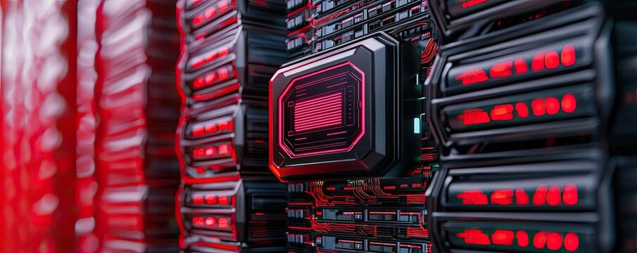 Cybersecurity network security and data protection concept. Futuristic data storage drive amidst advanced server array.