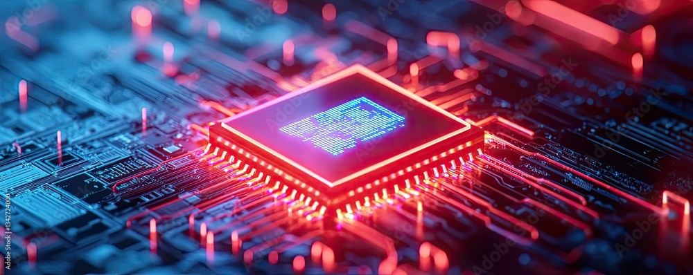 Poster cybersecurity database security in technology transfer concept. close-up of a glowing microchip on a