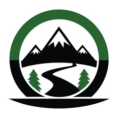 A vector mountain landscape icon illustration featuring snow-capped peaks and a sunset silhouette for nature and travel design