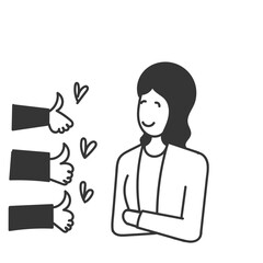 doodle cartoon person giving thumb up to smiling business woman