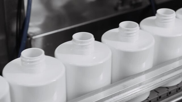 Plant for the production of plastic bottles. Cosmetics production plant. White bottles move along a conveyor to be filled. Production of shampoo, shower gel and liquid soap. 