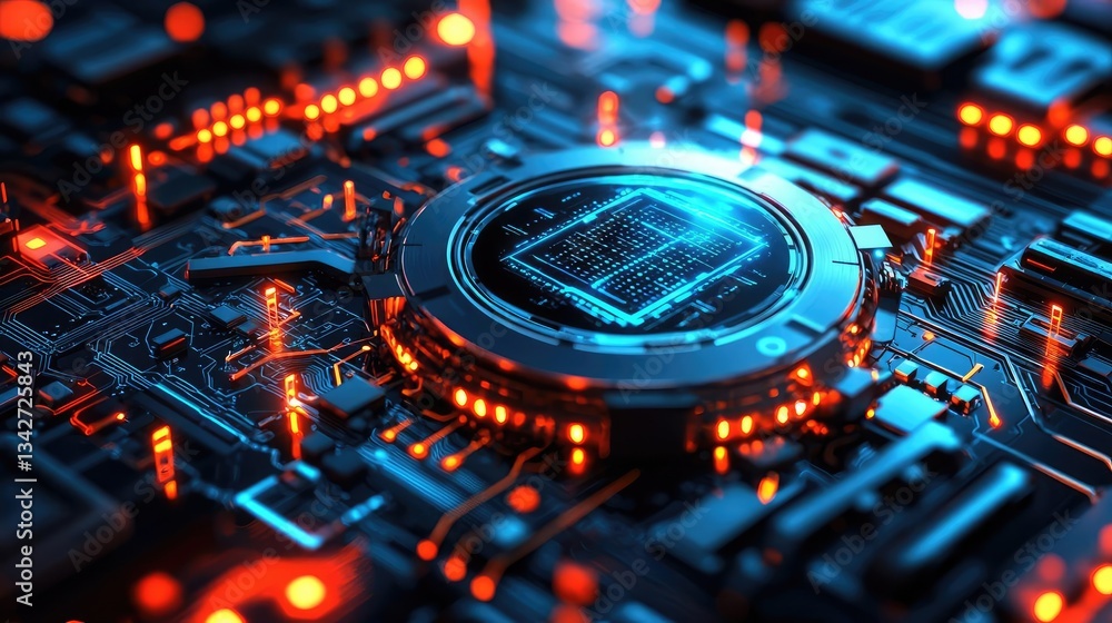 Poster cybersecurity cyberspace protection and network security concept. close-up of a futuristic circuit b