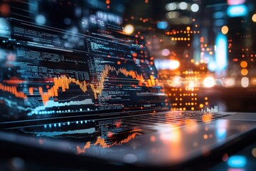 Fototapeta premium Artificial intelligence-driven digital trading dashboard revolutionizing finance in urban environments a high-tech perspective on market trends and data analysis