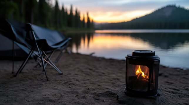 Lakeside campfire serenity.  Camping chairs and lantern on sandy shore at tranquil lake at sunset
