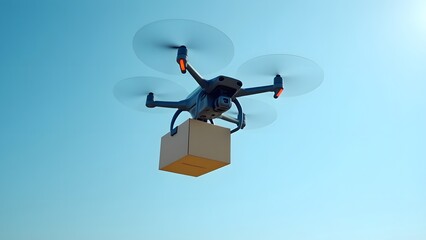 A drone carrying a cardboard box against a clear blue sky during the daytime for delivery services