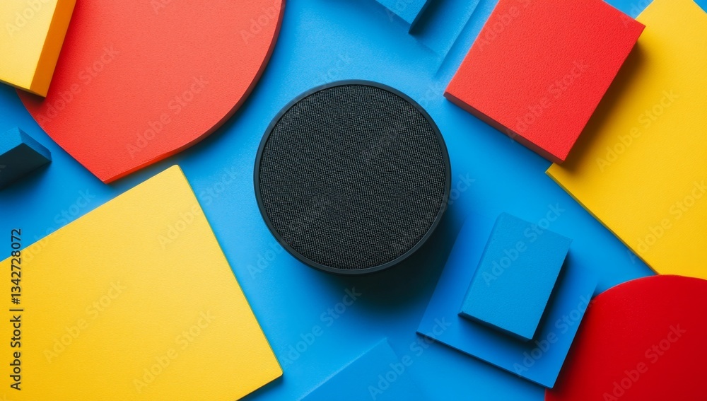Poster abstract geometric shapes composition with a black circular object. colorful shapes arranged on a vi