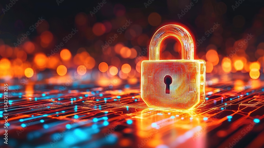 Poster cybersecurity cyberspace protection and network security concept. vibrant digital lock symbolizing s